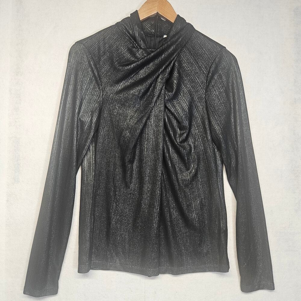 Elie Tahari Keilani High-Neck Long-Sleeve Metallic Knit Top Stretch Mock Neck